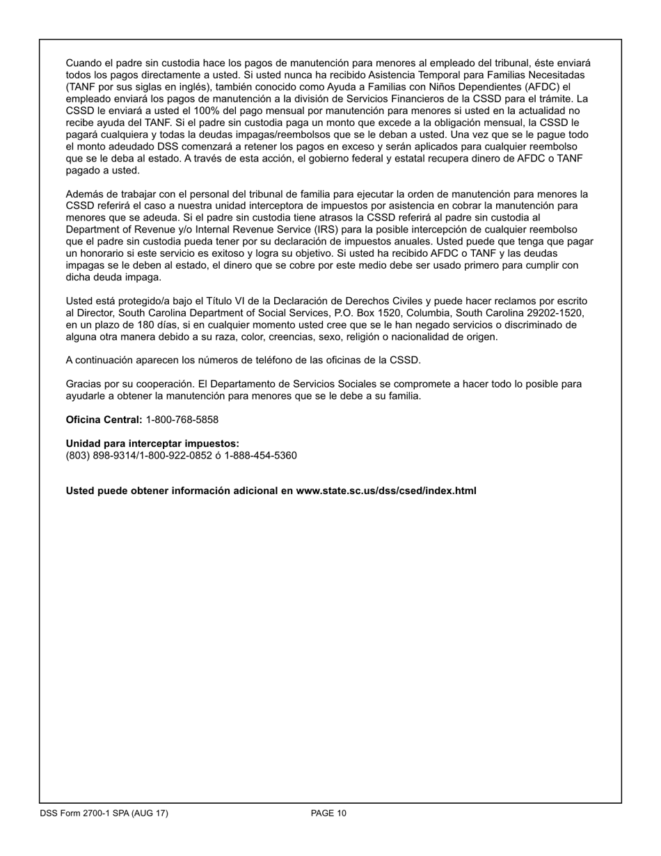 DSS Formulario 2700-1 SPA Solicitud Para El Padre / La Madre En Custodia De Servicios Para La Manutencion Para Menores - South Carolina (Spanish), Page 10