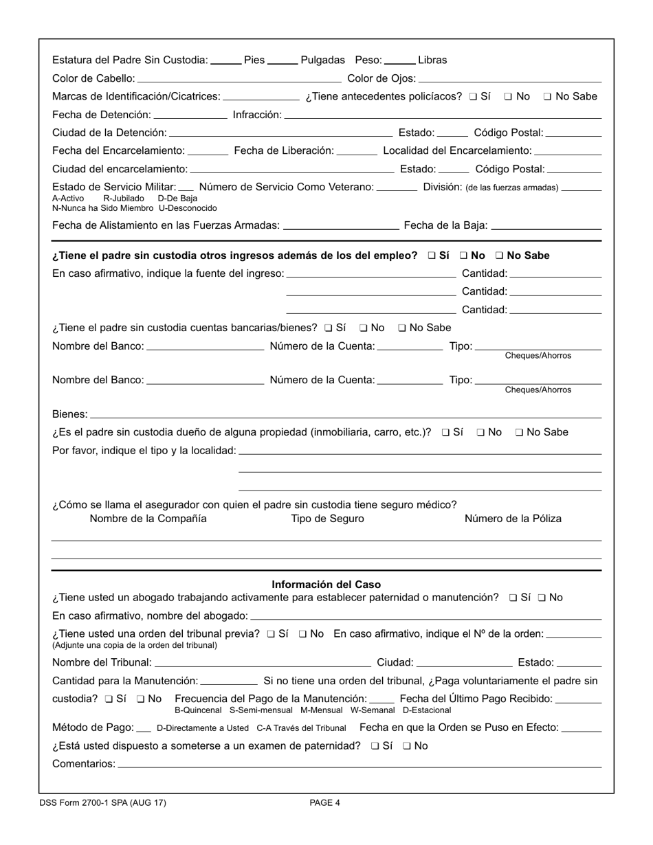 DSS Formulario 2700-1 SPA Solicitud Para El Padre / La Madre En Custodia De Servicios Para La Manutencion Para Menores - South Carolina (Spanish), Page 4