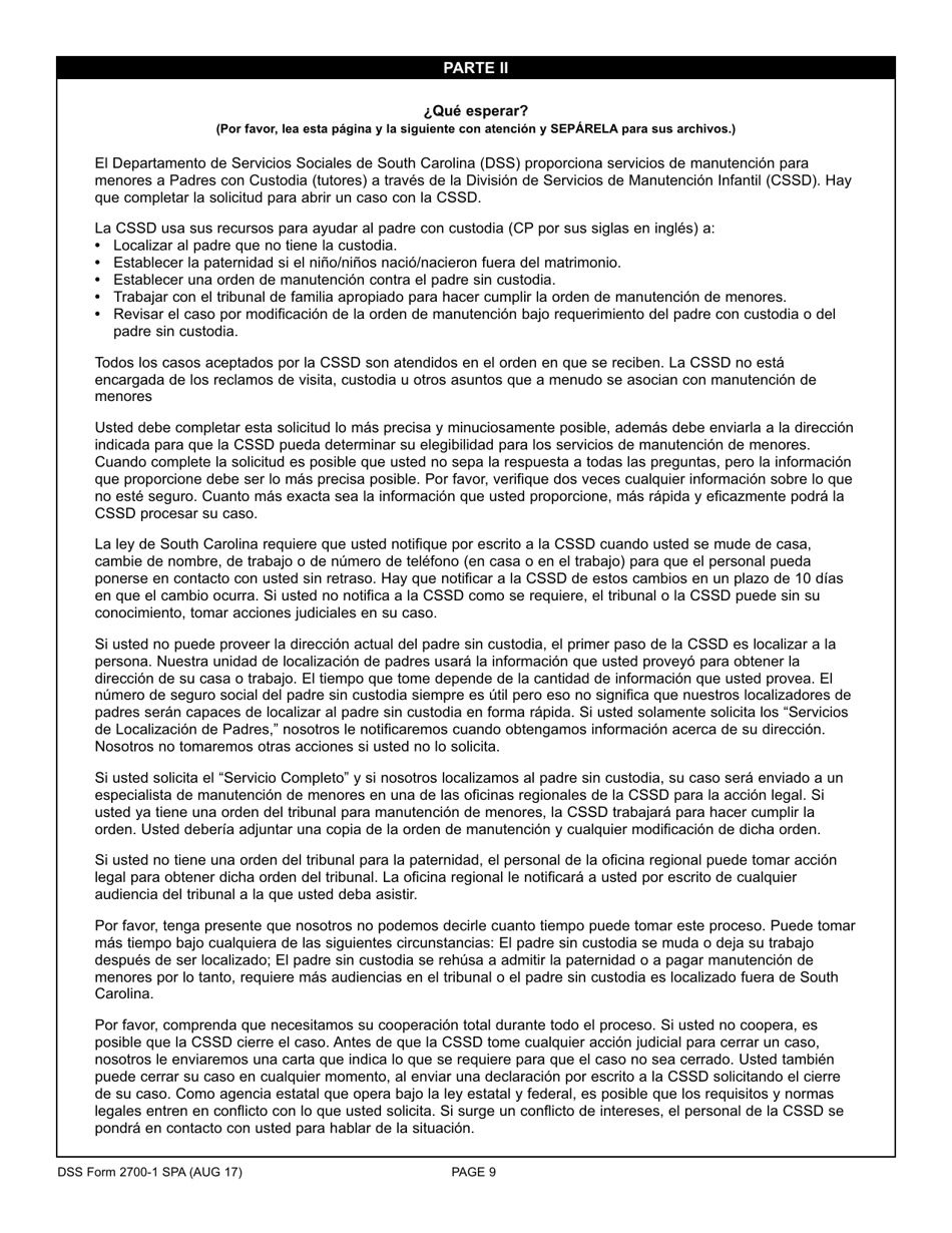 DSS Formulario 2700-1 SPA Solicitud Para El Padre / La Madre En Custodia De Servicios Para La Manutencion Para Menores - South Carolina (Spanish), Page 9
