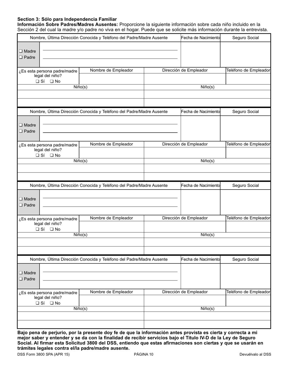 DSS Formulario 3800 SPA Solicitud Para El TANF / Programa De Independencia Familiar (Fi), Programa De Asistencia Nutricional Complimentaria (Snap), Programa De Asistencia Con Dinero En Efectivo Para Refugiados (Rca) - South Carolina (Spanish), Page 10