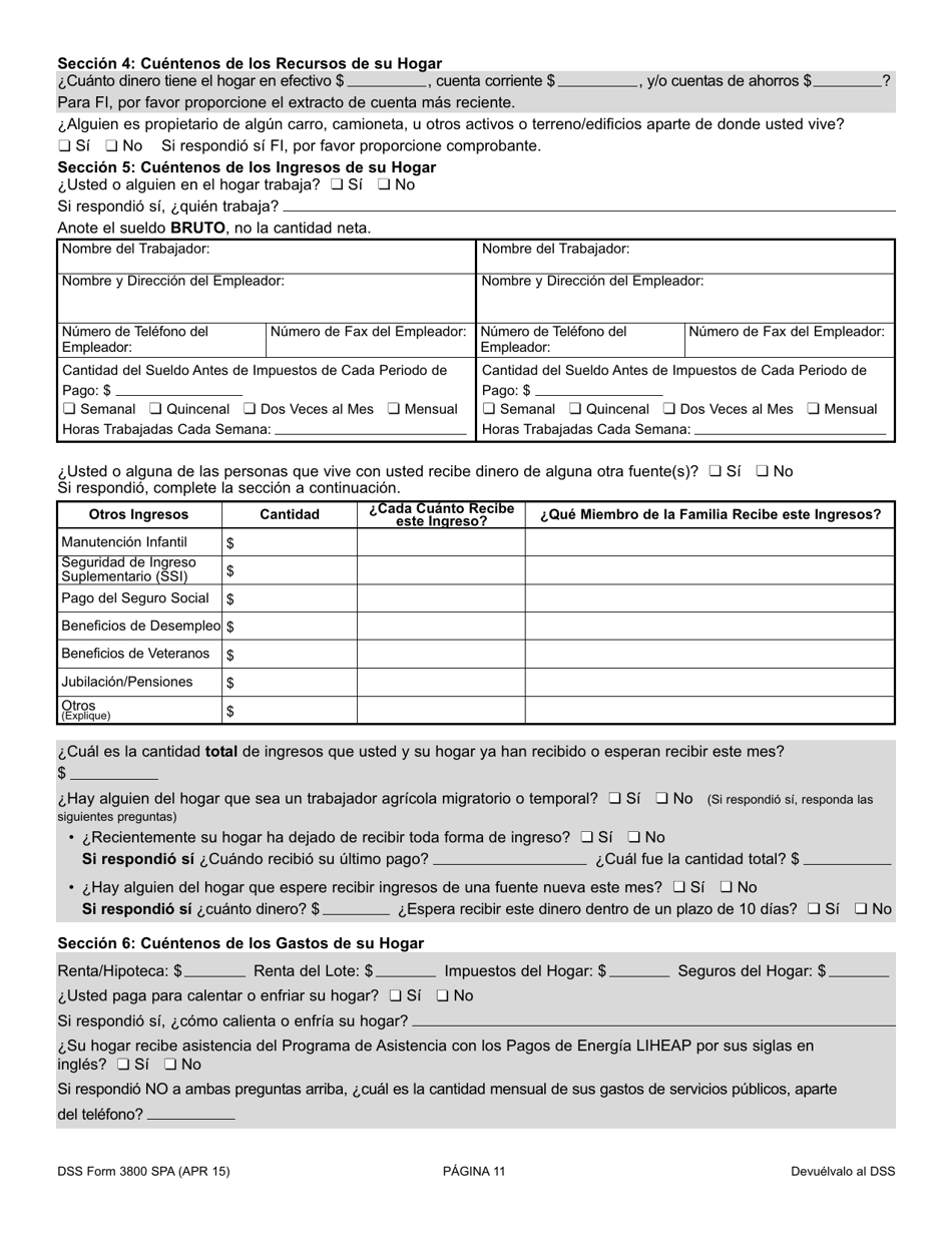 DSS Formulario 3800 SPA Solicitud Para El TANF / Programa De Independencia Familiar (Fi), Programa De Asistencia Nutricional Complimentaria (Snap), Programa De Asistencia Con Dinero En Efectivo Para Refugiados (Rca) - South Carolina (Spanish), Page 11