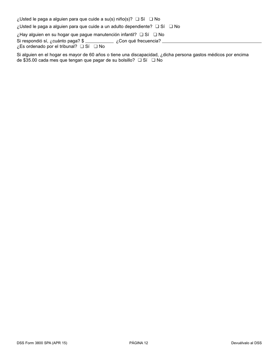 DSS Formulario 3800 SPA Solicitud Para El TANF / Programa De Independencia Familiar (Fi), Programa De Asistencia Nutricional Complimentaria (Snap), Programa De Asistencia Con Dinero En Efectivo Para Refugiados (Rca) - South Carolina (Spanish), Page 12