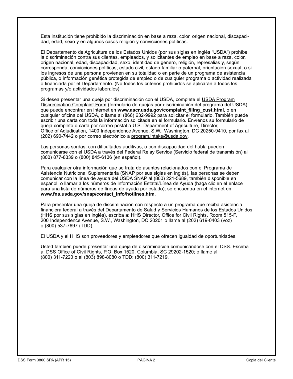DSS Formulario 3800 SPA Solicitud Para El TANF / Programa De Independencia Familiar (Fi), Programa De Asistencia Nutricional Complimentaria (Snap), Programa De Asistencia Con Dinero En Efectivo Para Refugiados (Rca) - South Carolina (Spanish), Page 2