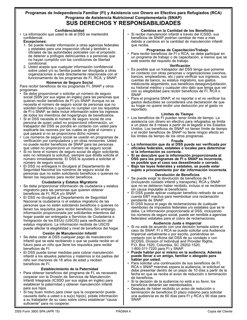 DSS Formulario 3800 SPA Solicitud Para El TANF / Programa De Independencia Familiar (Fi), Programa De Asistencia Nutricional Complimentaria (Snap), Programa De Asistencia Con Dinero En Efectivo Para Refugiados (Rca) - South Carolina (Spanish), Page 4