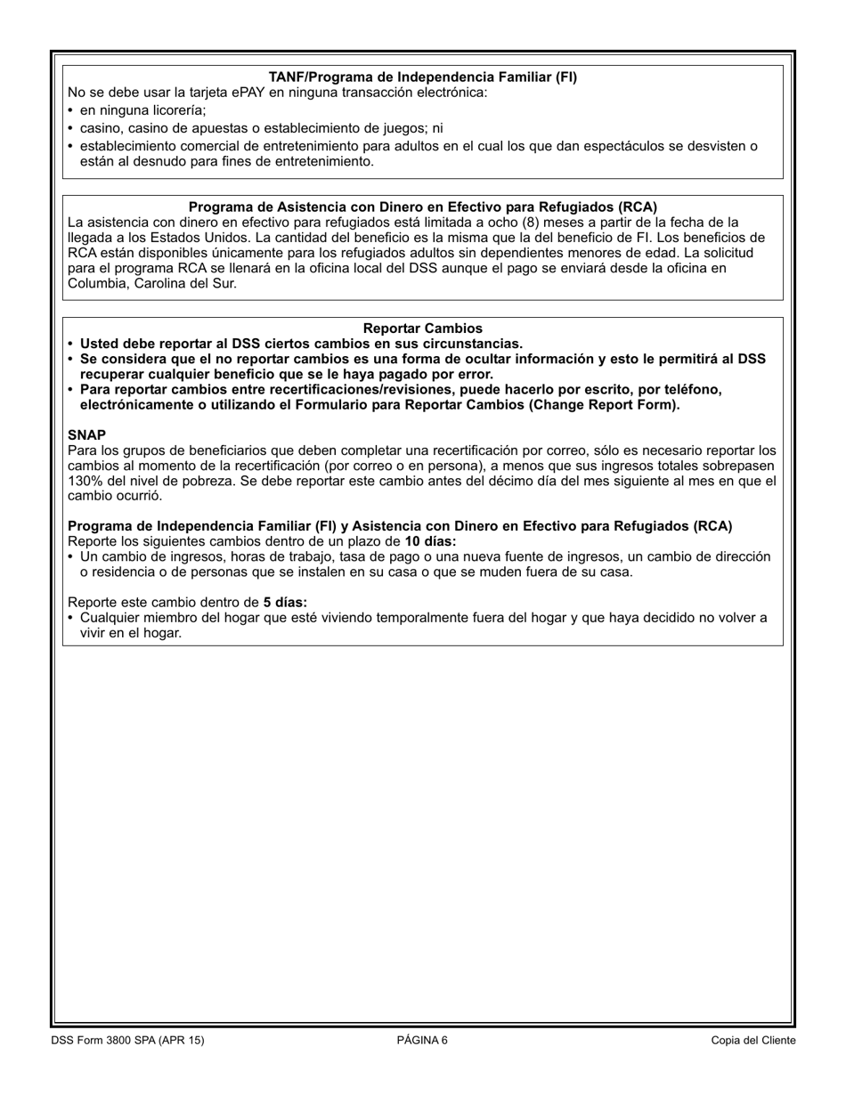 DSS Formulario 3800 SPA Solicitud Para El TANF / Programa De Independencia Familiar (Fi), Programa De Asistencia Nutricional Complimentaria (Snap), Programa De Asistencia Con Dinero En Efectivo Para Refugiados (Rca) - South Carolina (Spanish), Page 6
