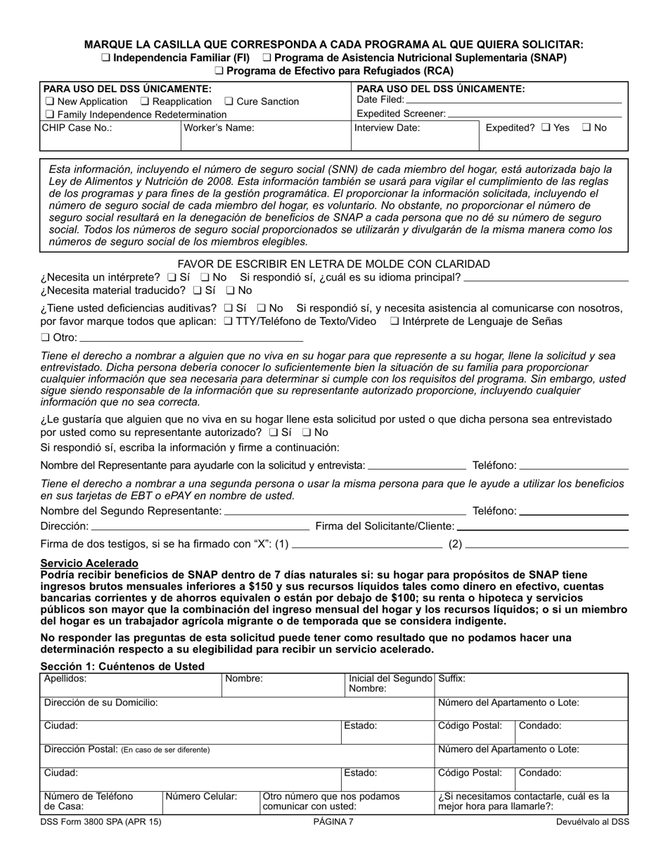 DSS Formulario 3800 SPA Solicitud Para El TANF / Programa De Independencia Familiar (Fi), Programa De Asistencia Nutricional Complimentaria (Snap), Programa De Asistencia Con Dinero En Efectivo Para Refugiados (Rca) - South Carolina (Spanish), Page 7