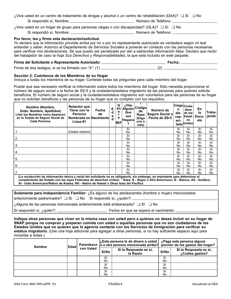 DSS Formulario 3800 SPA Solicitud Para El TANF / Programa De Independencia Familiar (Fi), Programa De Asistencia Nutricional Complimentaria (Snap), Programa De Asistencia Con Dinero En Efectivo Para Refugiados (Rca) - South Carolina (Spanish), Page 8