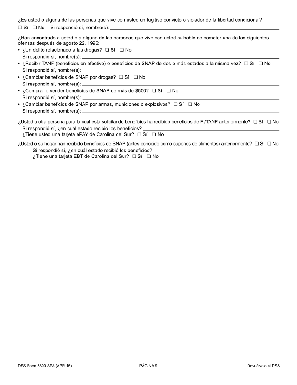 DSS Formulario 3800 SPA Solicitud Para El TANF / Programa De Independencia Familiar (Fi), Programa De Asistencia Nutricional Complimentaria (Snap), Programa De Asistencia Con Dinero En Efectivo Para Refugiados (Rca) - South Carolina (Spanish), Page 9