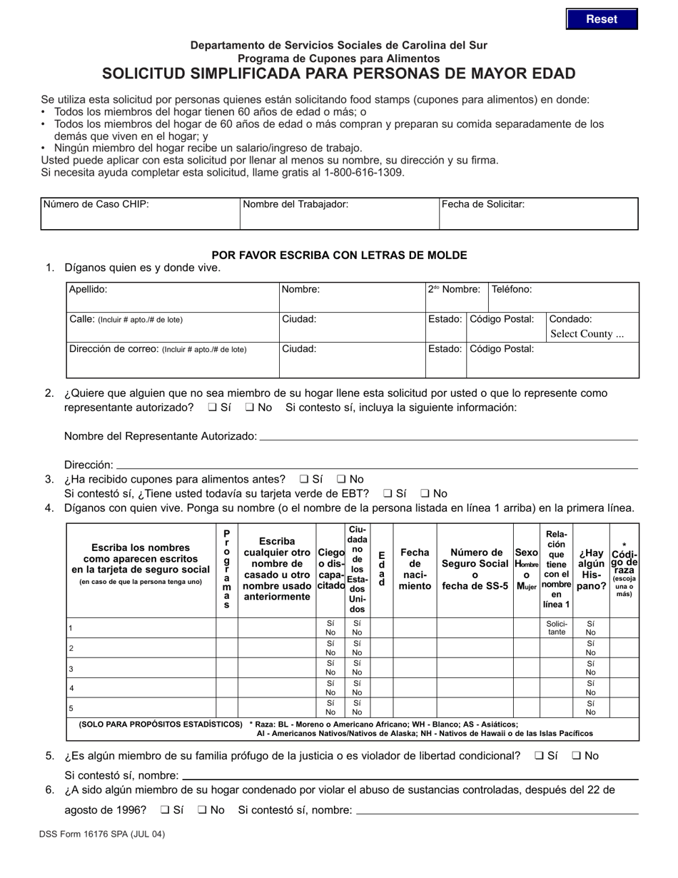 DSS Formulario 16176 SPA Solicitud Simplificada Para Personas De Mayor Edad - South Carolina (Spanish), Page 1