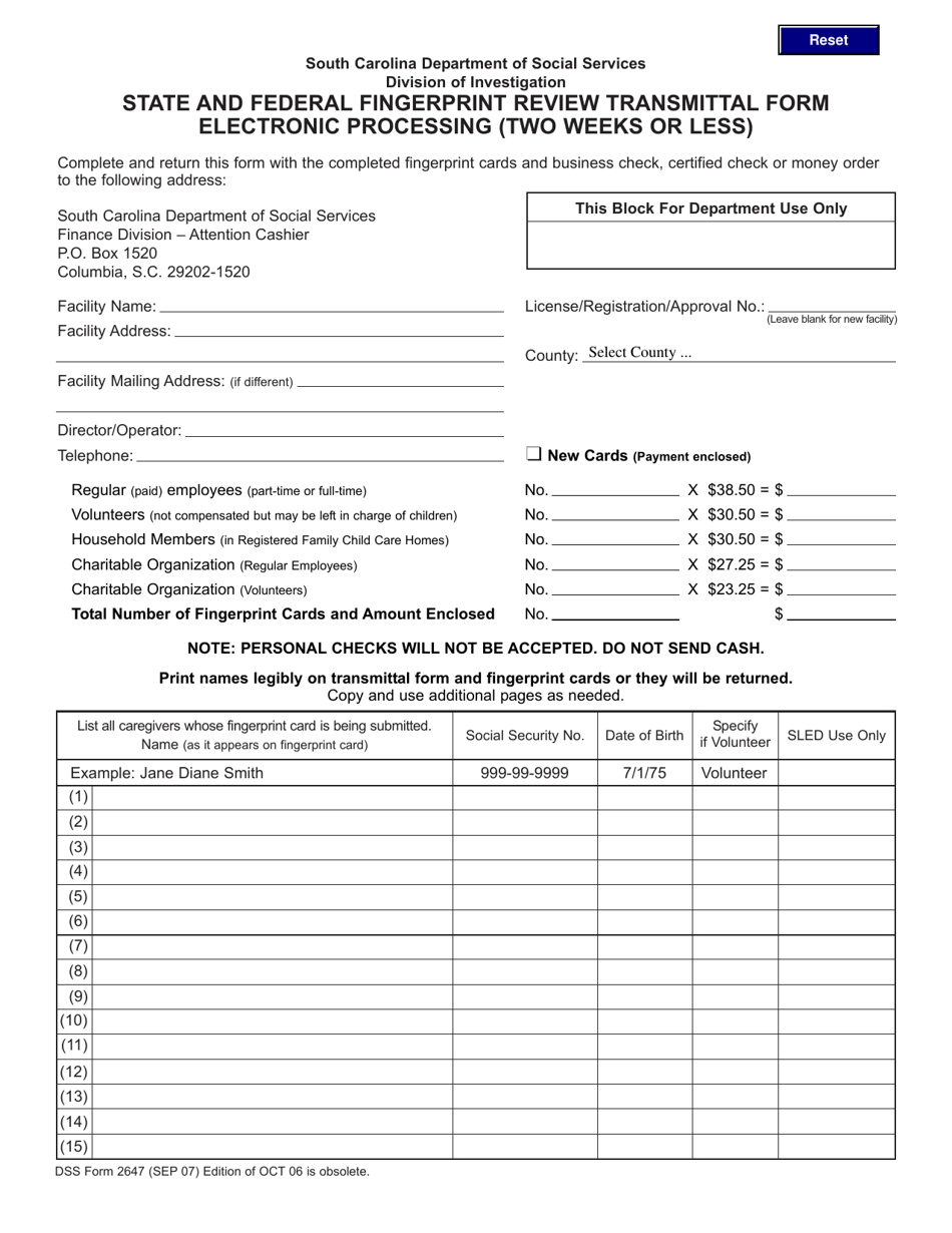 DSS Form 2647 State and Federal Fingerprint Review Transmittal Form Electronic Processing (Two Weeks or Less) - South Carolina, Page 1