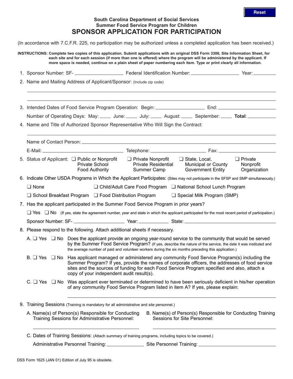DSS Form 1625 Sponsor Application for Participation - South Carolina, Page 1