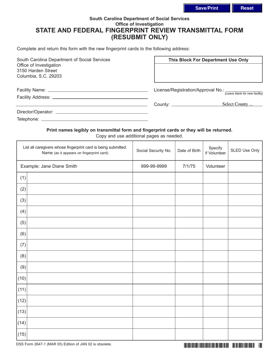 DSS Form 2647-1 State and Federal Fingerprint Review Transmittal Form (Resubmit Only) - South Carolina, Page 1