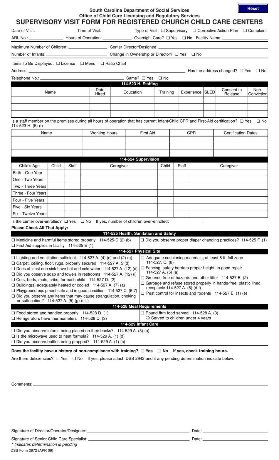 DSS Form 2972 Supervisory Visit Form for Registered Church Child Care Centers - South Carolina, Page 1