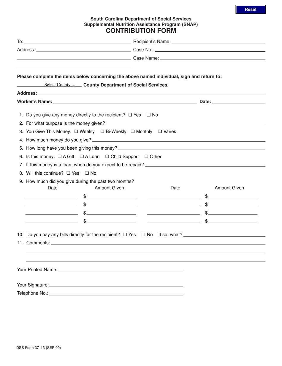 DSS Form 37113 Supplemental Nutrition Assistance Program (Snap) Contribution Form - South Carolina, Page 1