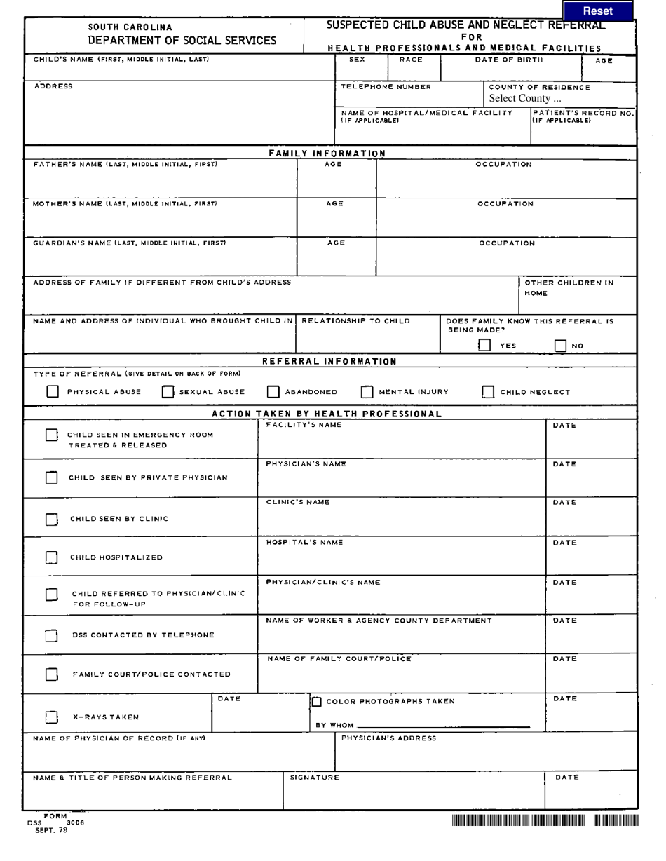 DSS Form 3006 Suspected Child Abuse and Neglect Referral for Health Professionals and Medical Facilities - South Carolina, Page 1