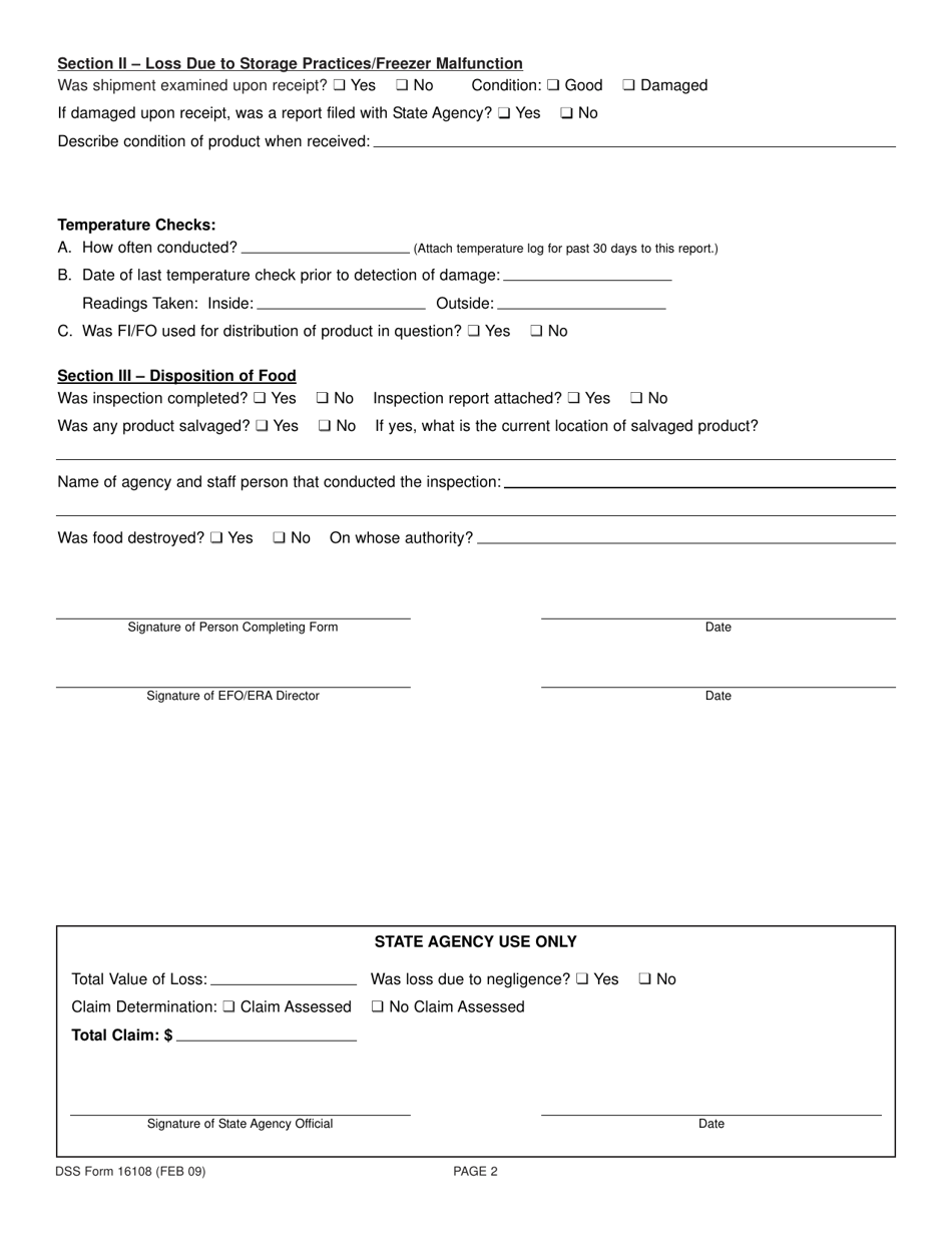 DSS Form 16108 Usda Commodity Food Loss Report - South Carolina, Page 2