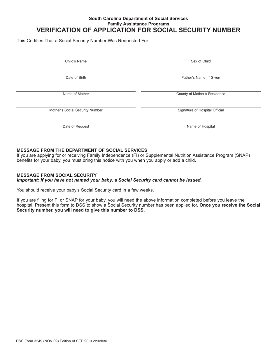 DSS Form 3249 Verification of Application for Social Security Number - South Carolina, Page 1