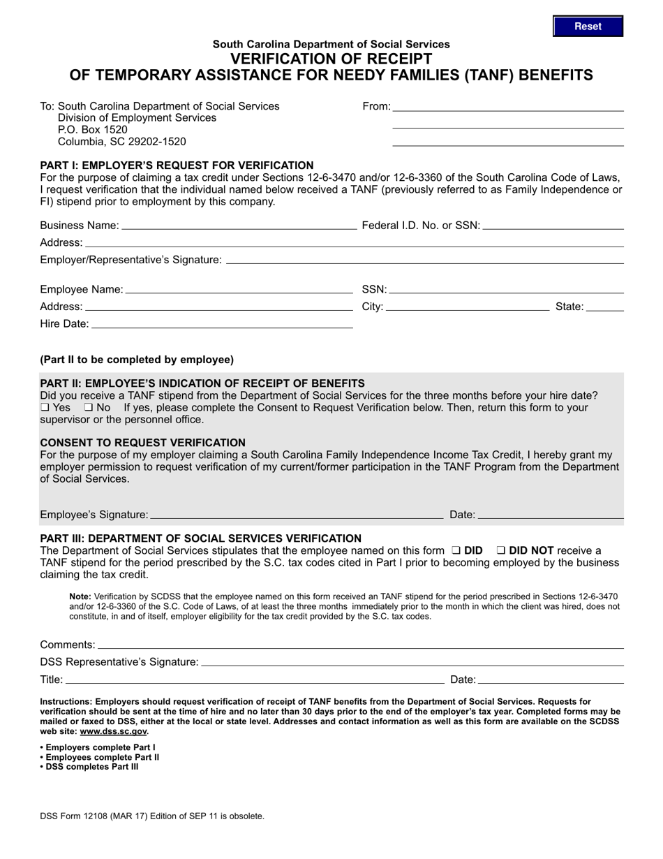 DSS Form 12108 Verification of Receipt of Temporary Assistance for Needy Families (TANF) Benefits - South Carolina, Page 1