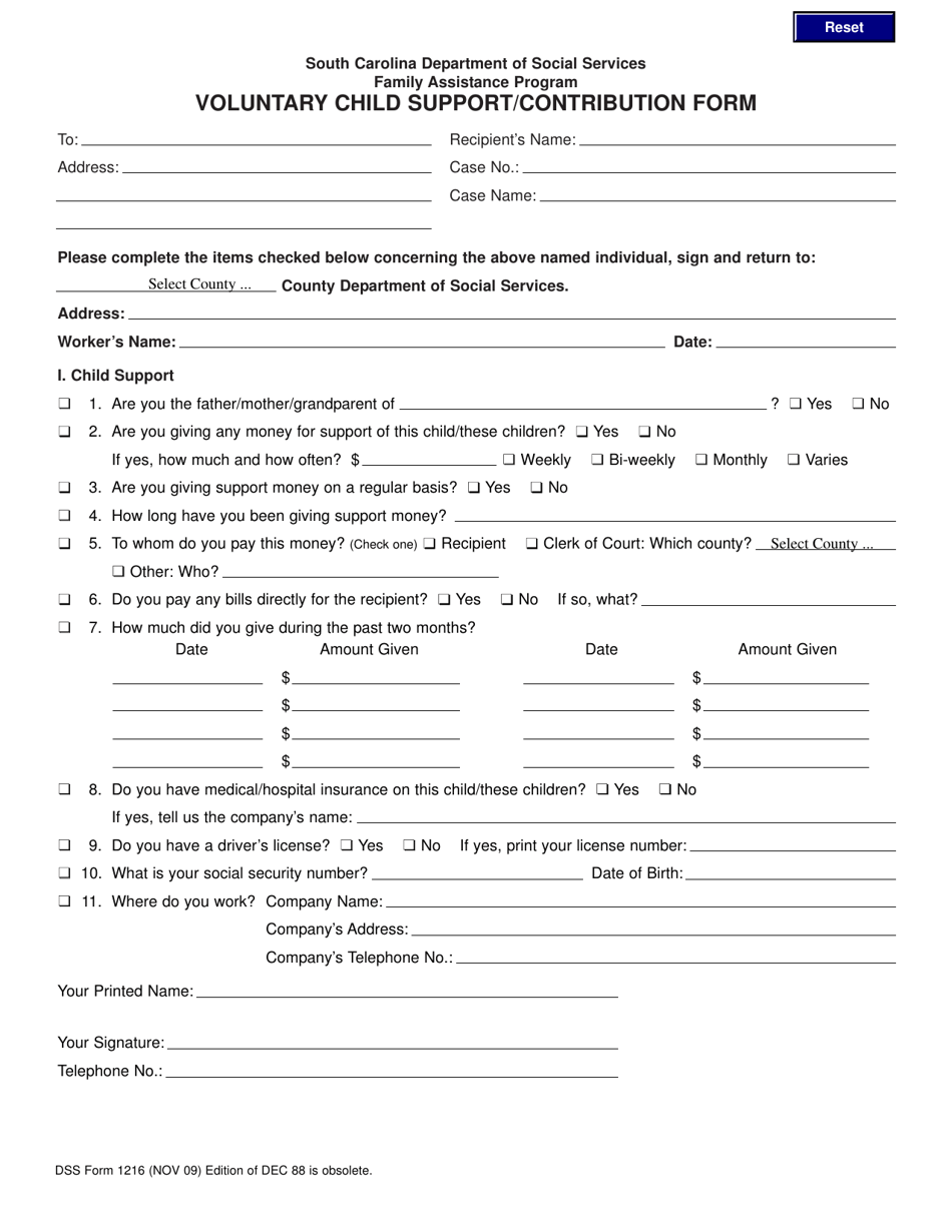 DSS Form 1216 Voluntary Child Support / Contribution Form - South Carolina, Page 1