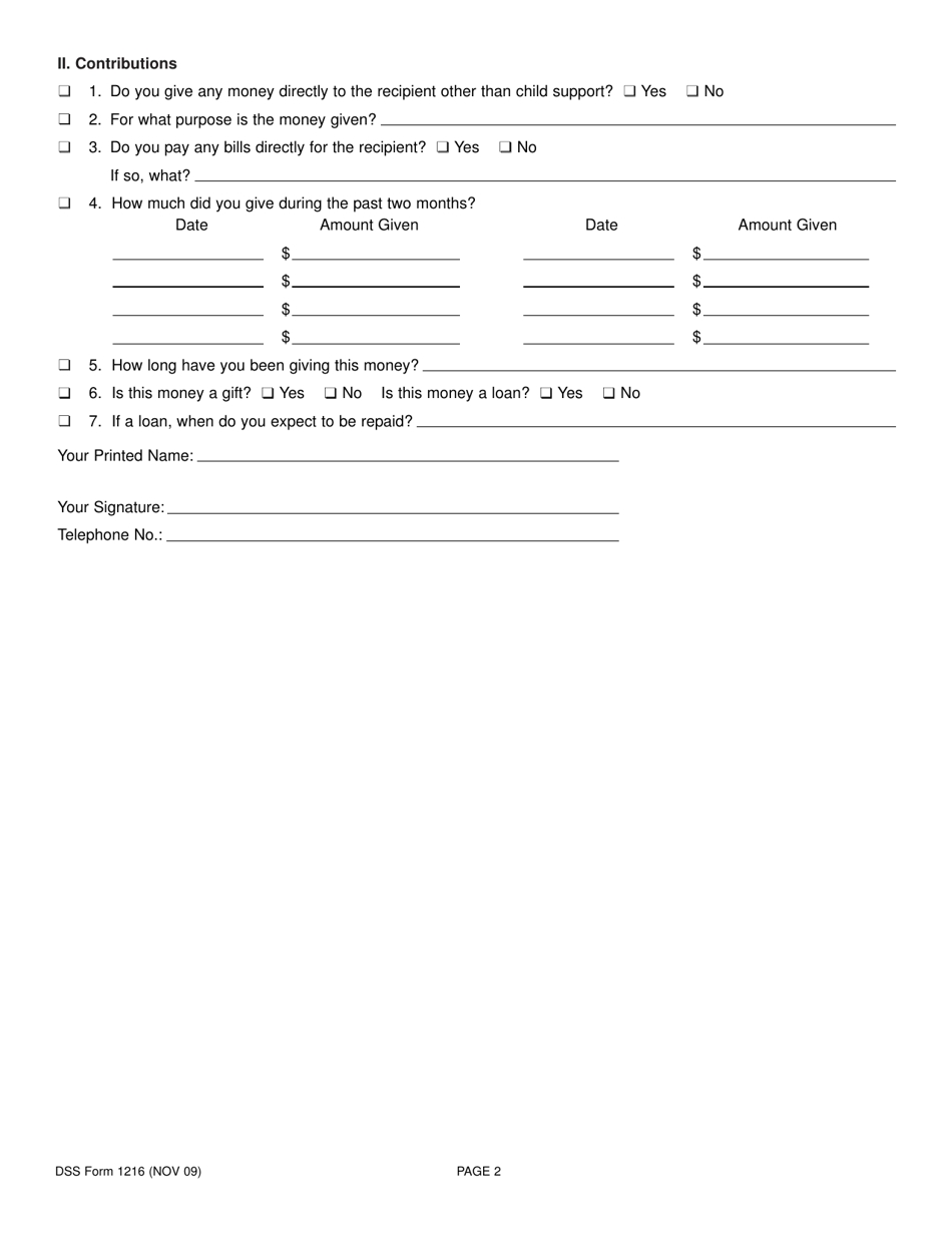 DSS Form 1216 Voluntary Child Support / Contribution Form - South Carolina, Page 2
