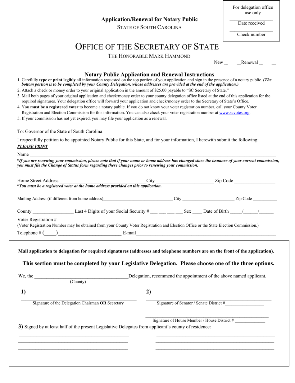 Application / Renewal for Notary Public - South Carolina, Page 1