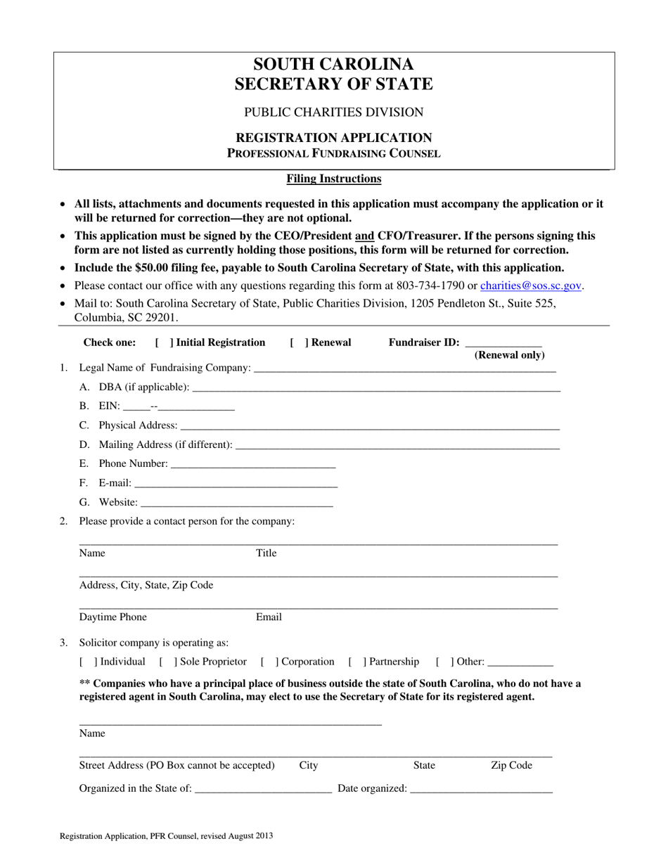 Registration Application for a Professional Fundraising Counsel - South Carolina, Page 1