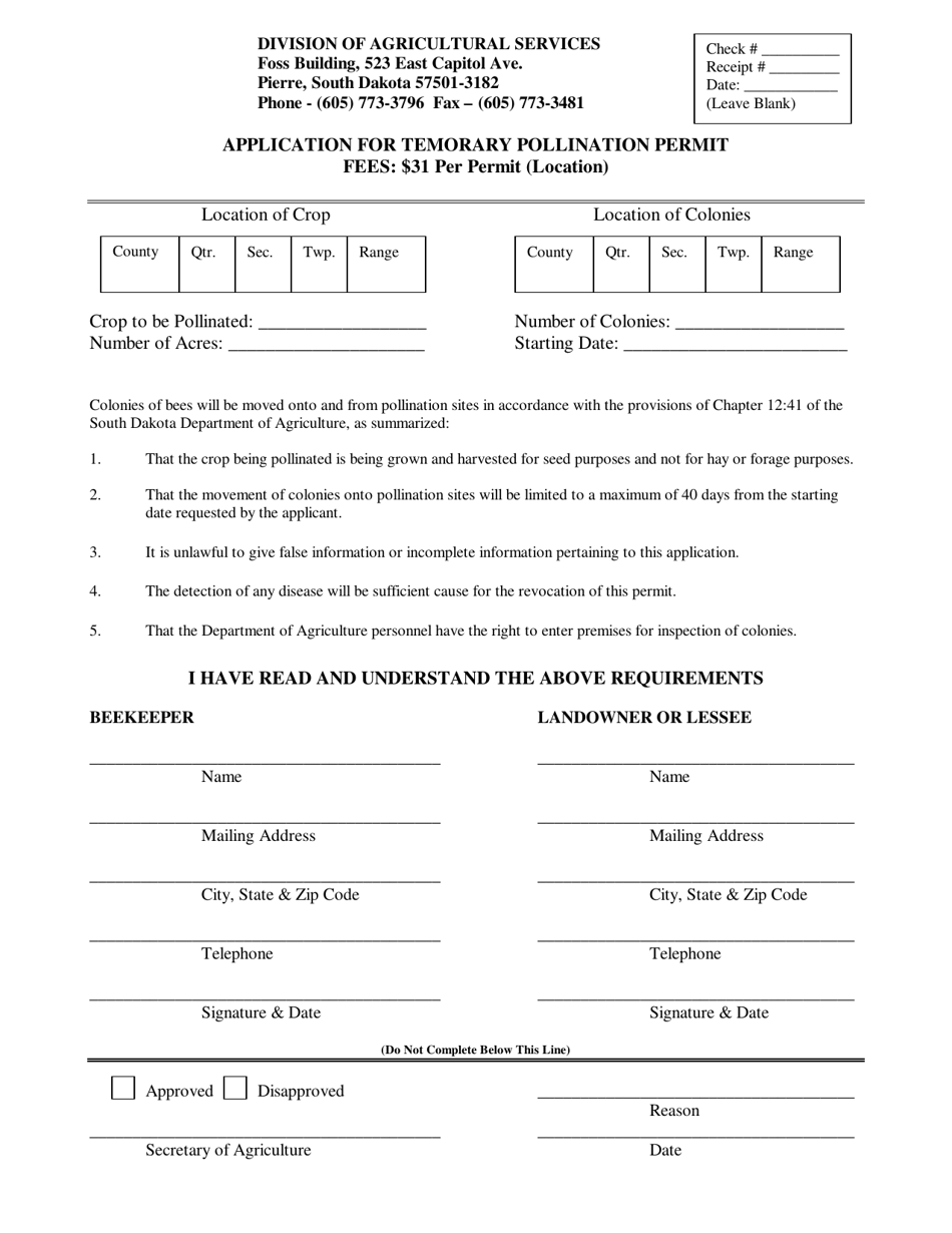 Application for Temporary Pollination Permit - South Dakota, Page 1