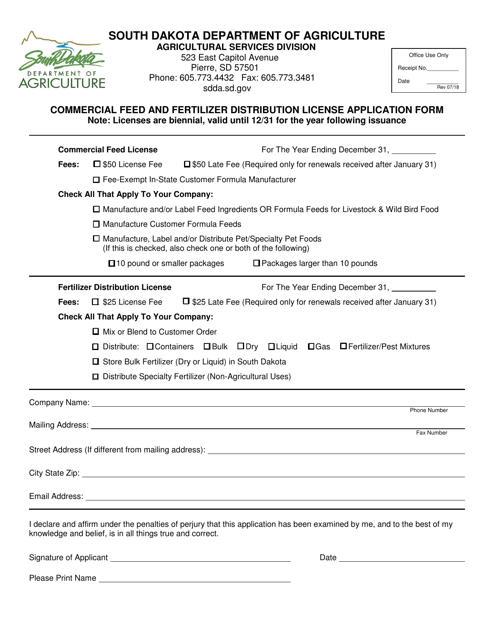 Commercial Feed and Fertilizer Distribution License Application Form - South Dakota