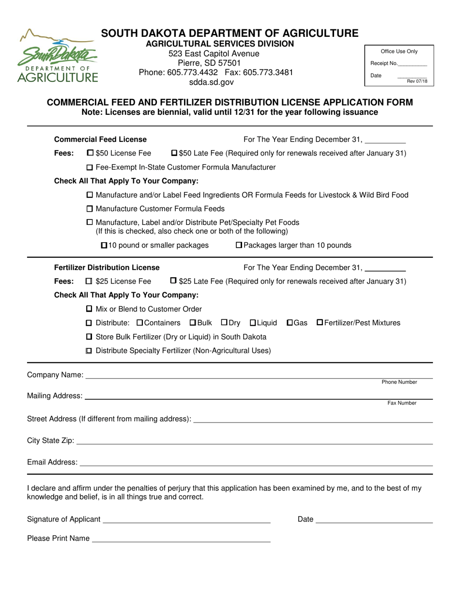 Commercial Feed and Fertilizer Distribution License Application Form - South Dakota, Page 1