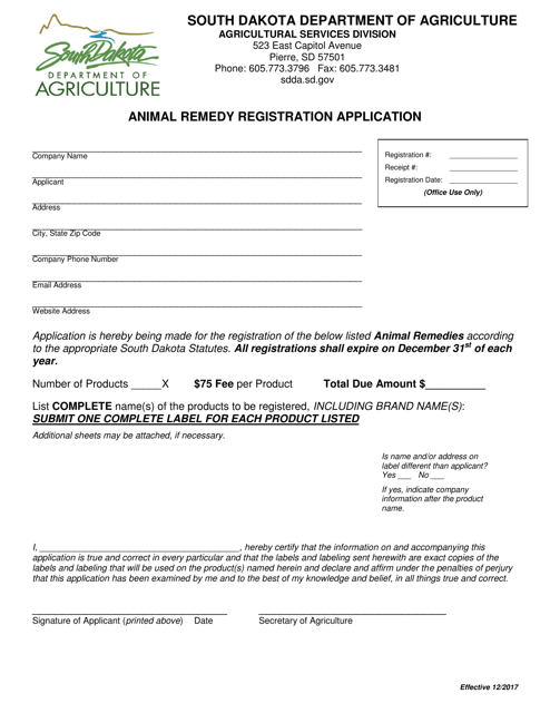 Animal Remedy Registration Application - South Dakota Download Pdf