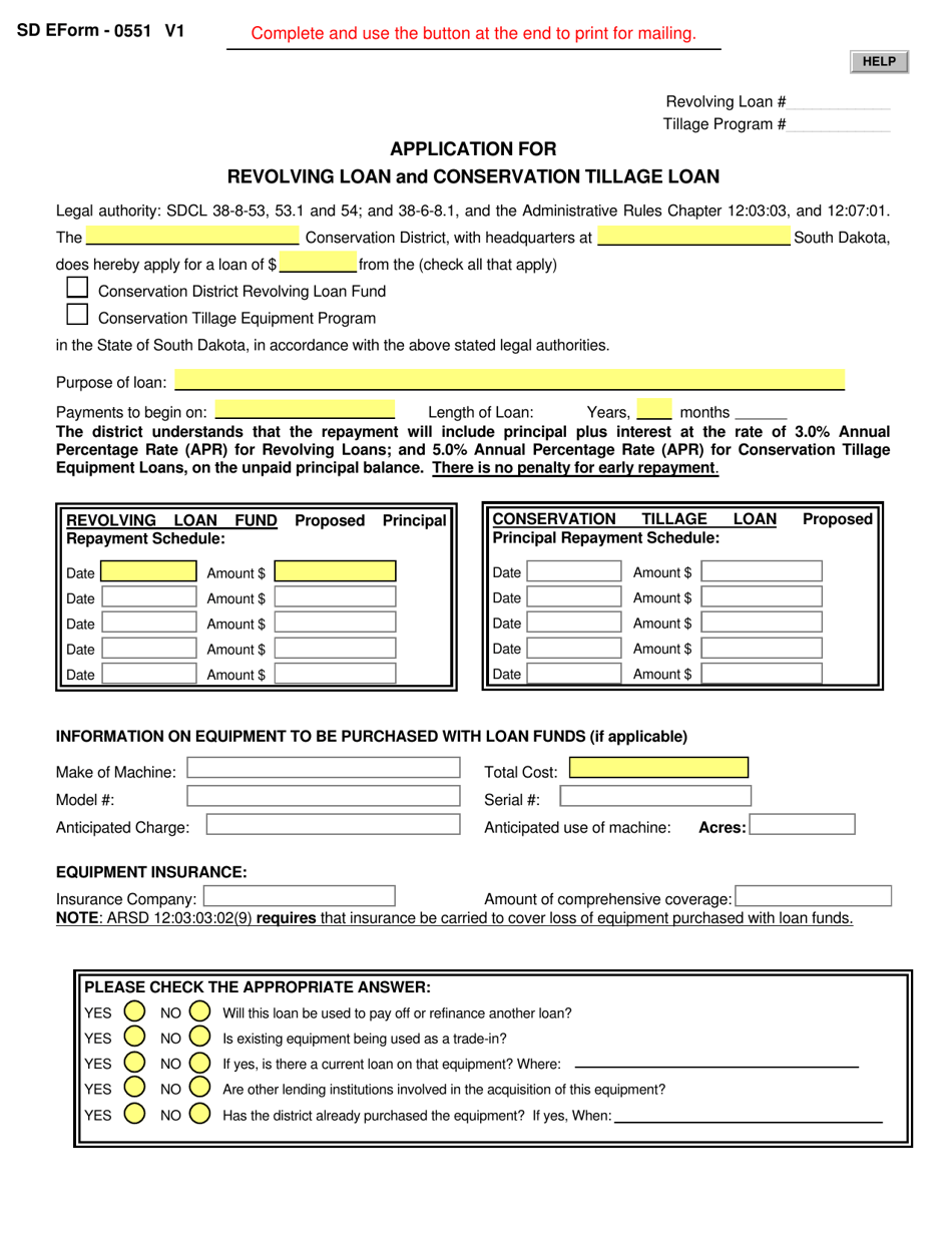 SD Form 0551 Application for Revolving Loan and Conservation Tillage Loan - South Dakota, Page 1