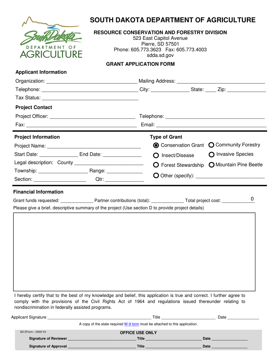 SD Form 0549 Grant Application Form - South Dakota, Page 1