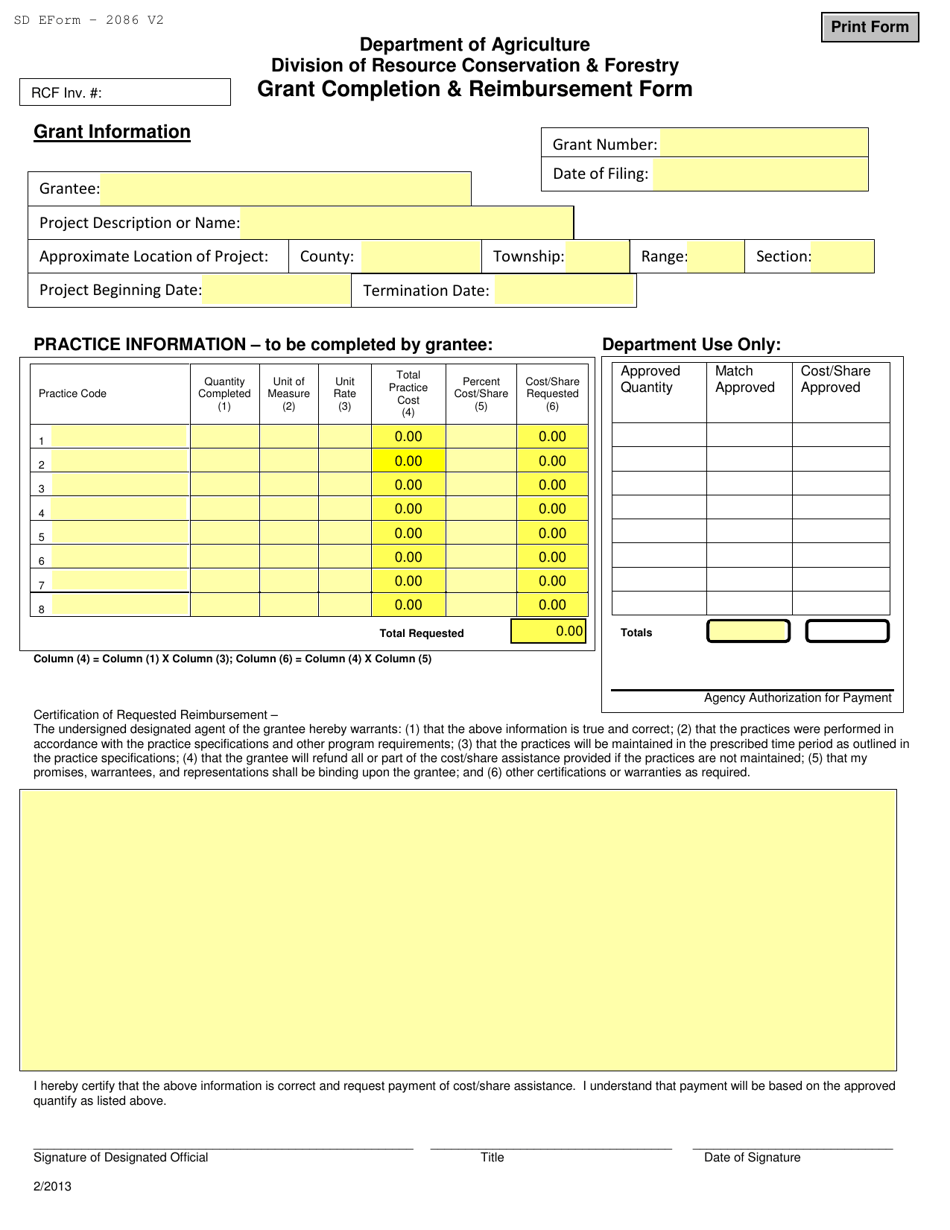 SD Form 2086 Grant Completion  Reimbursement Form - South Dakota, Page 1