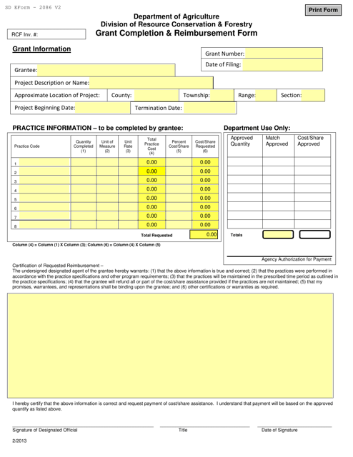 SD Form 2086 Grant Completion & Reimbursement Form - South Dakota