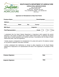 Document preview: Application for Reinstatement of Dairy Farm Permit - South Dakota