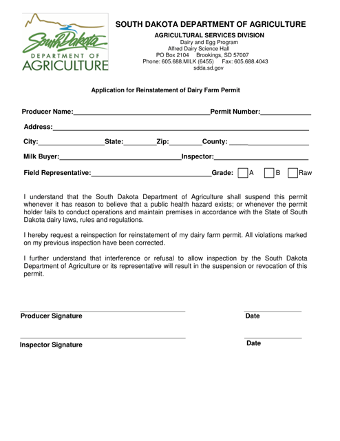 Application for Reinstatement of Dairy Farm Permit - South Dakota Download Pdf