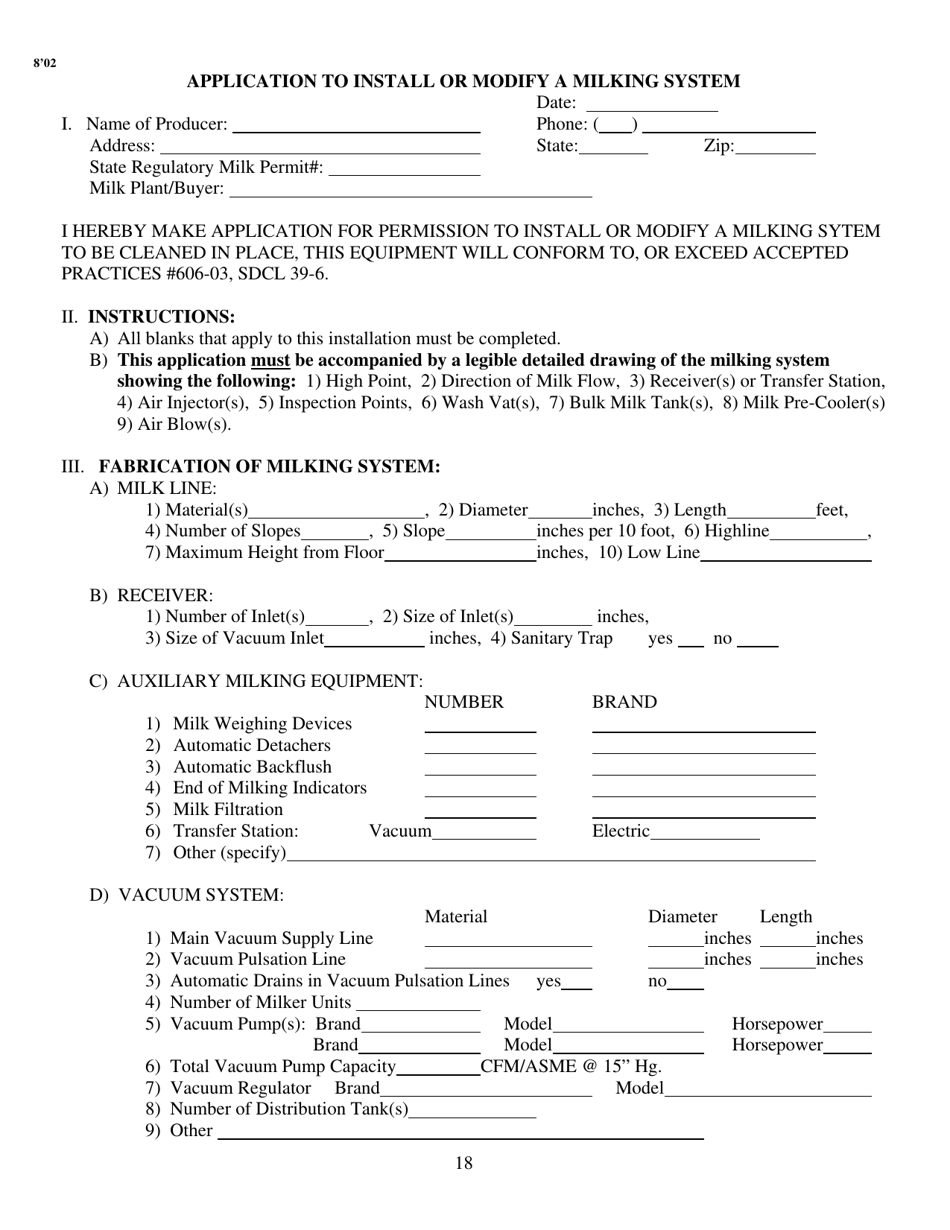 Application to Install or Modify a Milking Station - South Dakota, Page 1