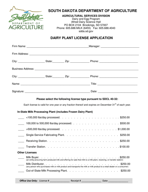 Dairy Plant License Application Form - South Dakota Download Pdf