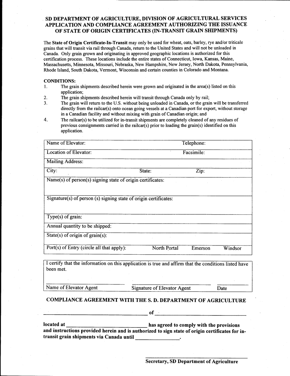 In-transit Agreement for Certificate - South Dakota, Page 1