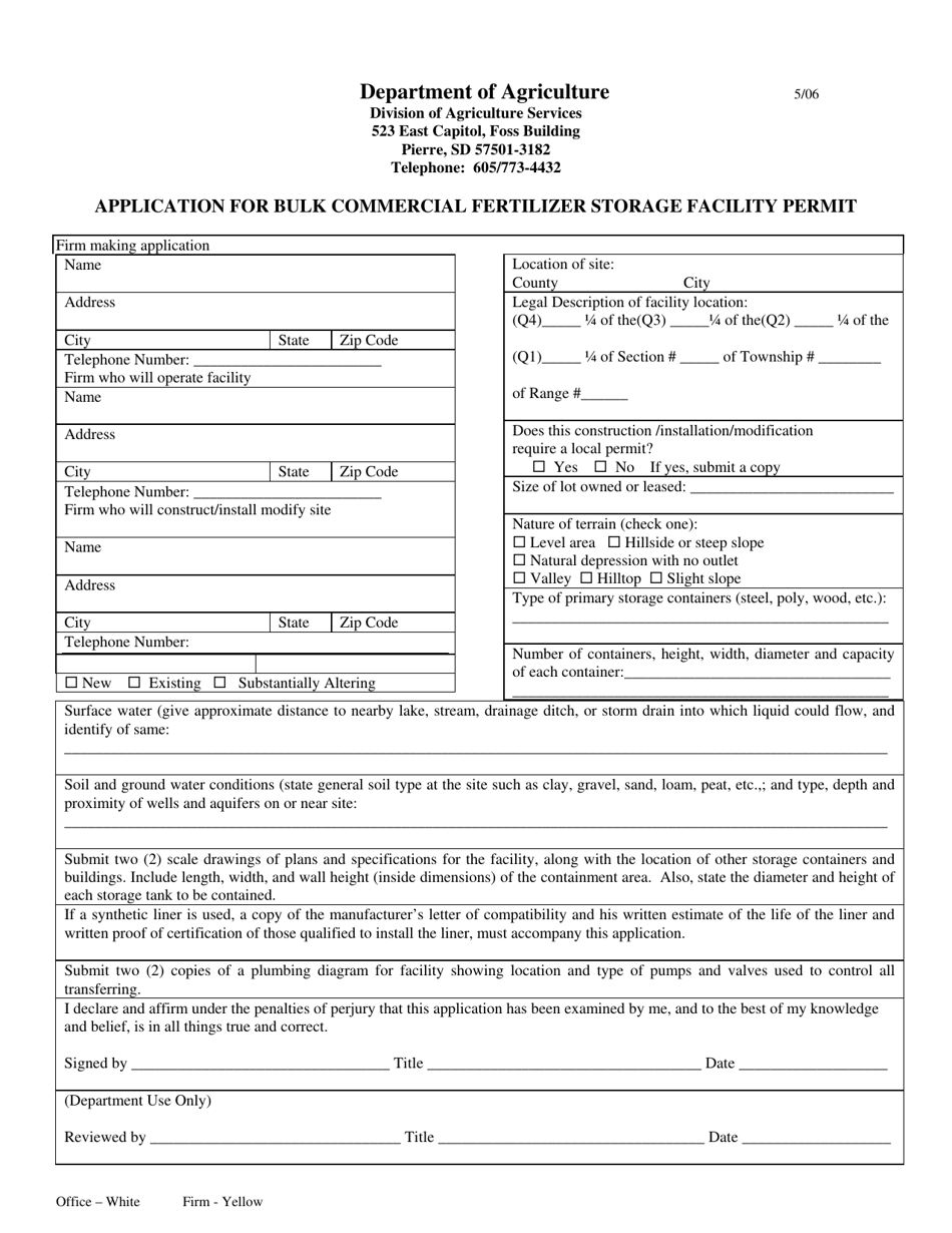 South Dakota Application for Bulk Commercial Fertilizer Storage