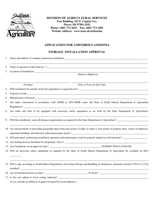 Application for Anhydrous Ammonia Storage Installation Approval - South Dakota Download Pdf