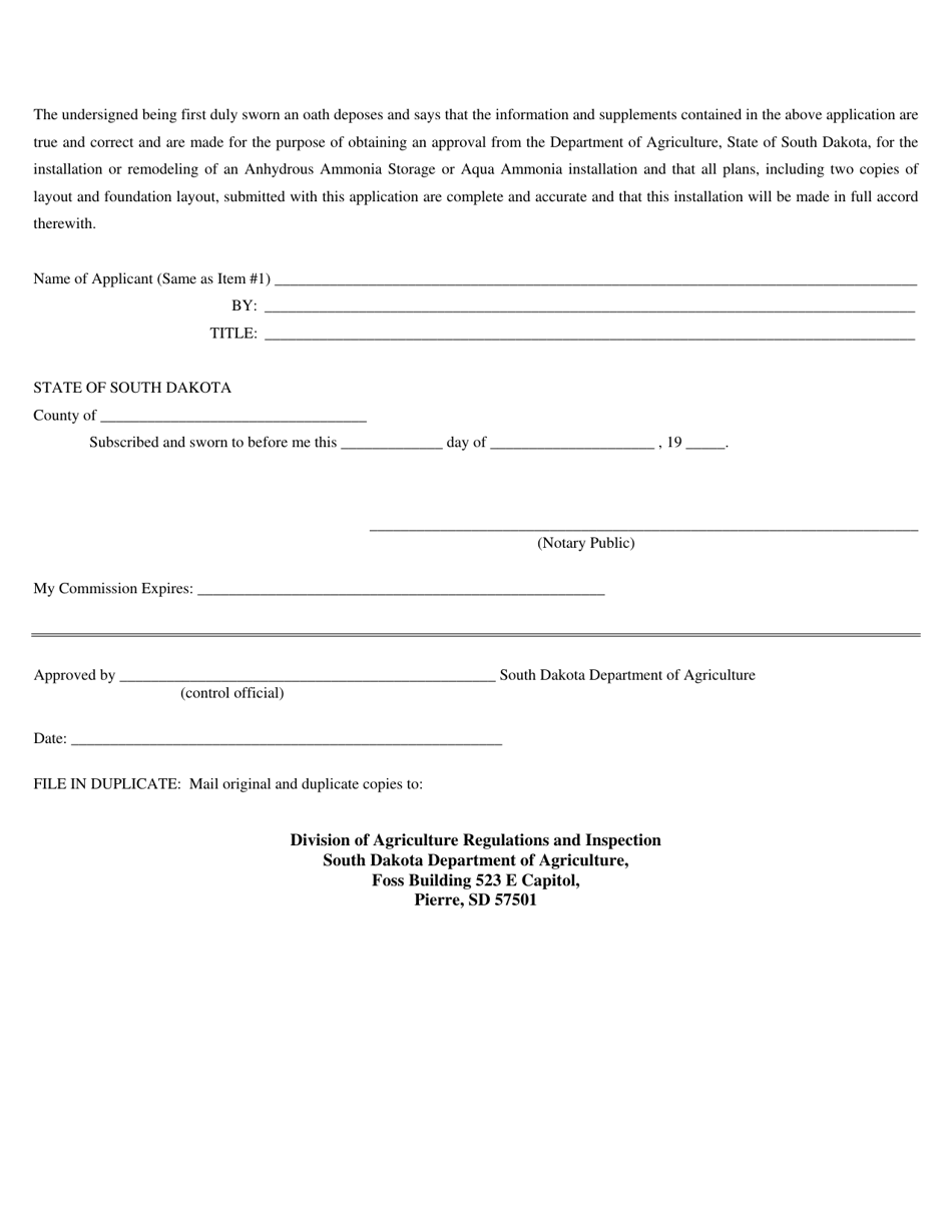 Application for Anhydrous Ammonia Storage Installation Approval - South Dakota, Page 2