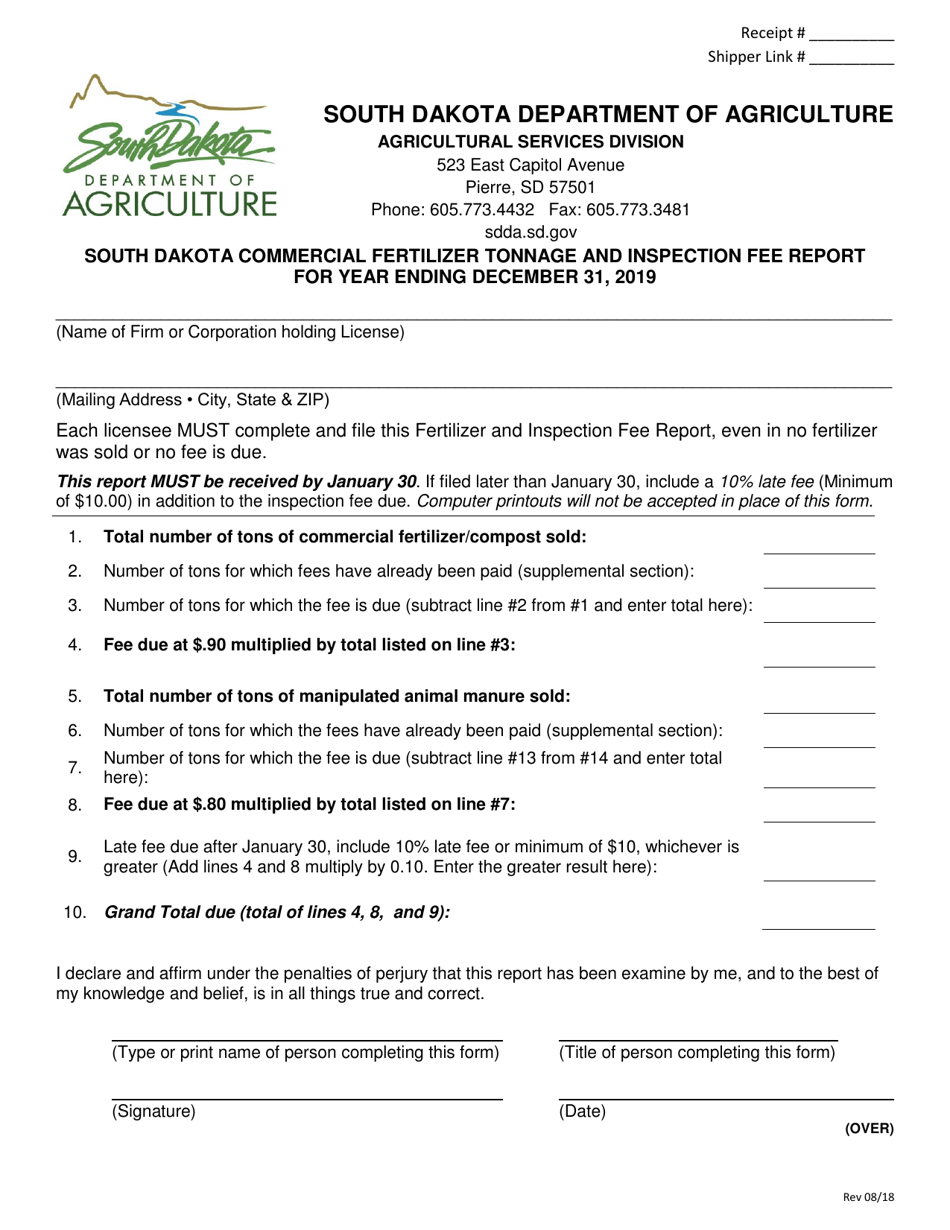 South Dakota Commercial Fertilizer Tonnage and Inspection Fee Report for Year Ending December 31, 2019 - South Dakota, Page 1