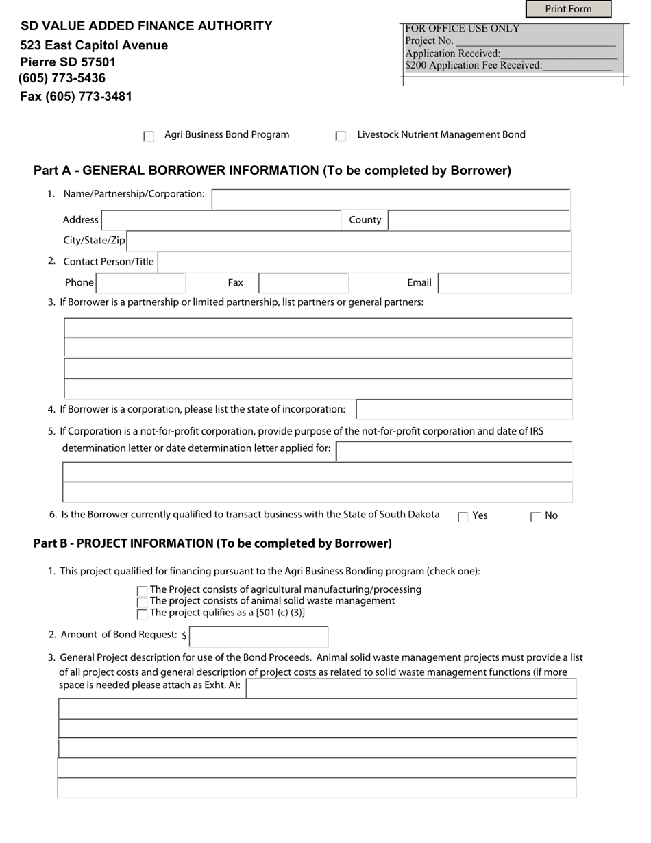 Agri-Business Bonding Program Application - South Dakota, Page 1