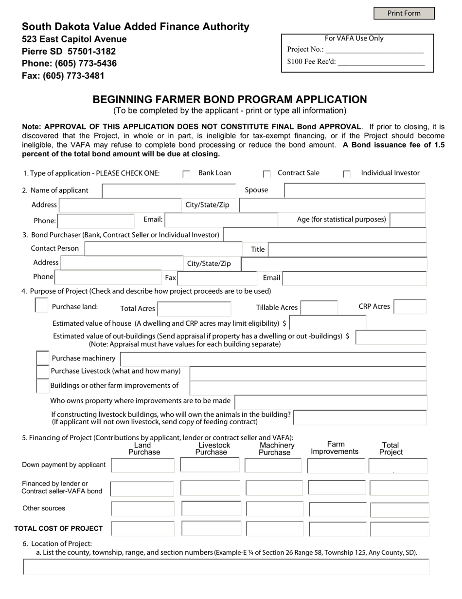 Beginning Farmer Bond Program Application - South Dakota, Page 1