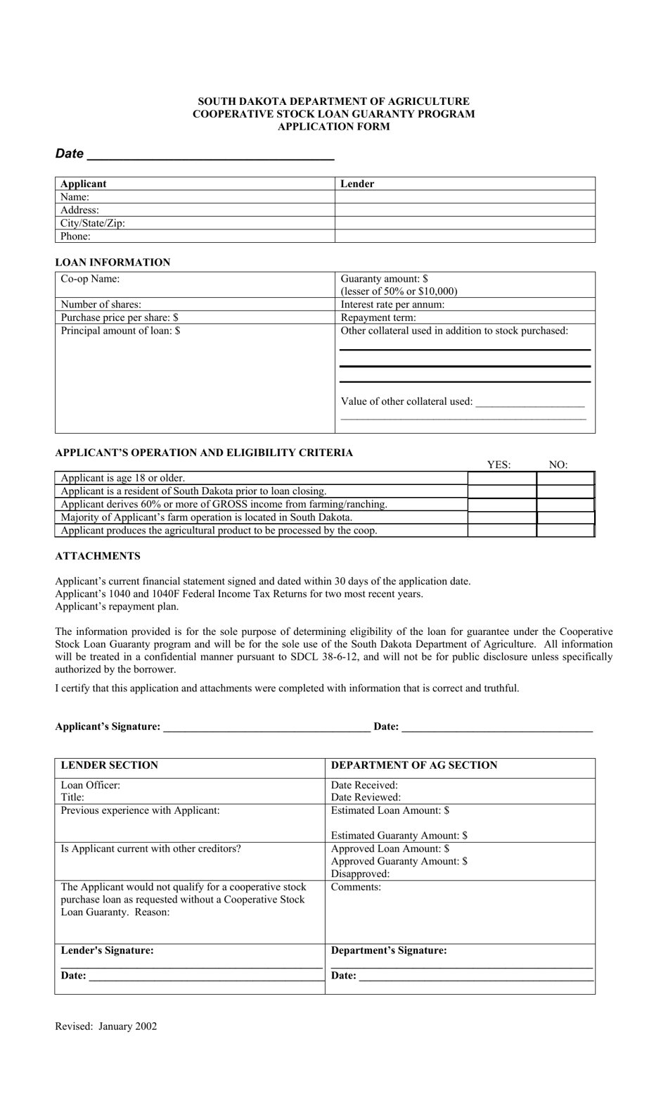 Cooperative Stock Loan Guaranty Program Application Form - South Dakota, Page 1