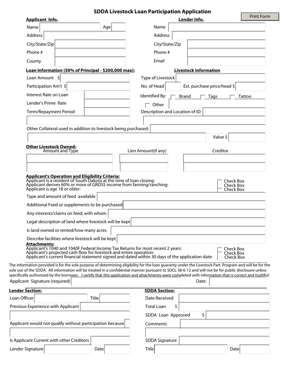 Sdda Livestock Loan Participation Application - South Dakota, Page 1