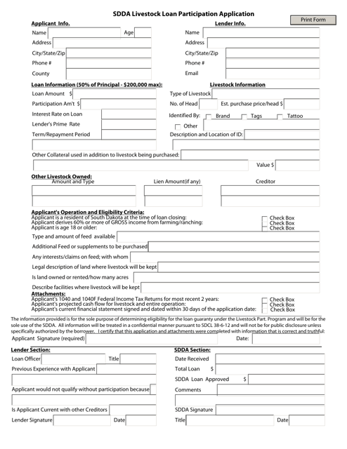 Sdda Livestock Loan Participation Application - South Dakota Download Pdf