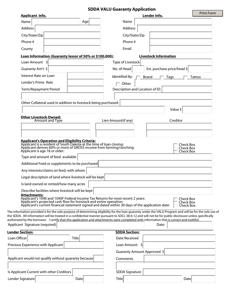 Sdda Valu Guaranty Application - South Dakota, Page 1