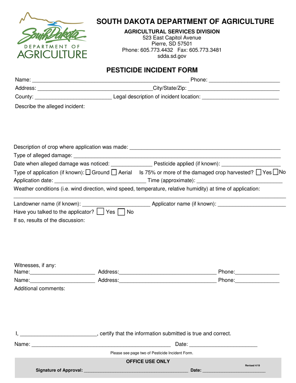 South Dakota Pesticide Incident Form Fill Out, Sign Online and